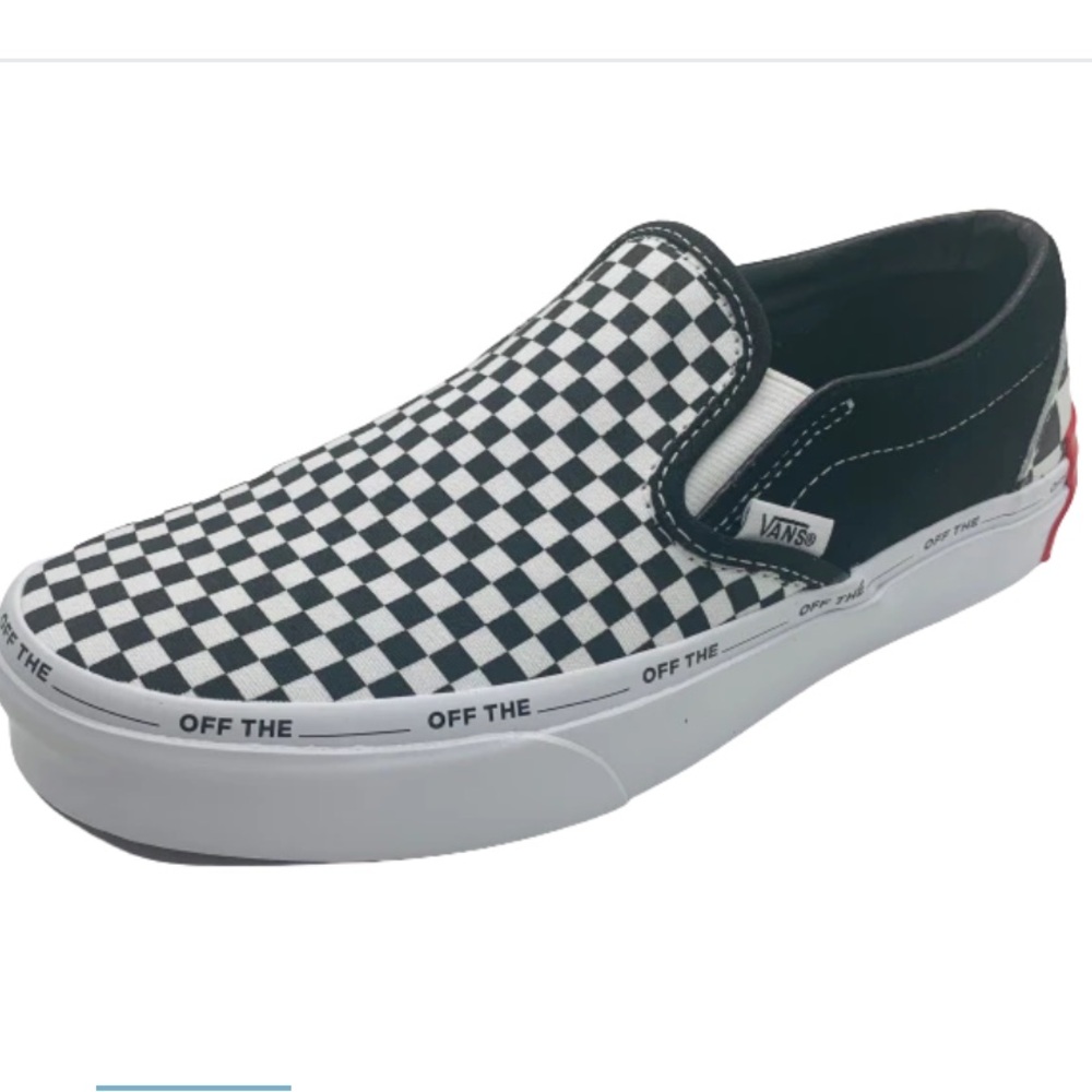 Vans Black & White Checkered Slip-On Sneakers with Jumbo Red Logo on Heel